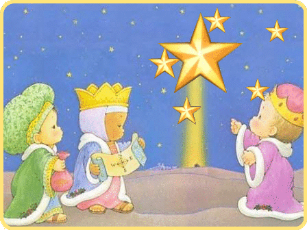 Dzieci przebrane za Trzech Króli patrzą na gwiazdy